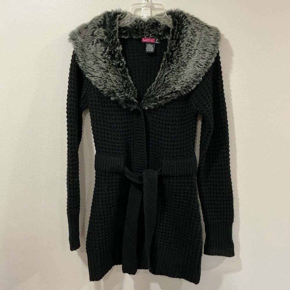 Vintage Y2K Black Large Waffle Knit Penny Lane Cardigan Sweater Fur‎ Collar